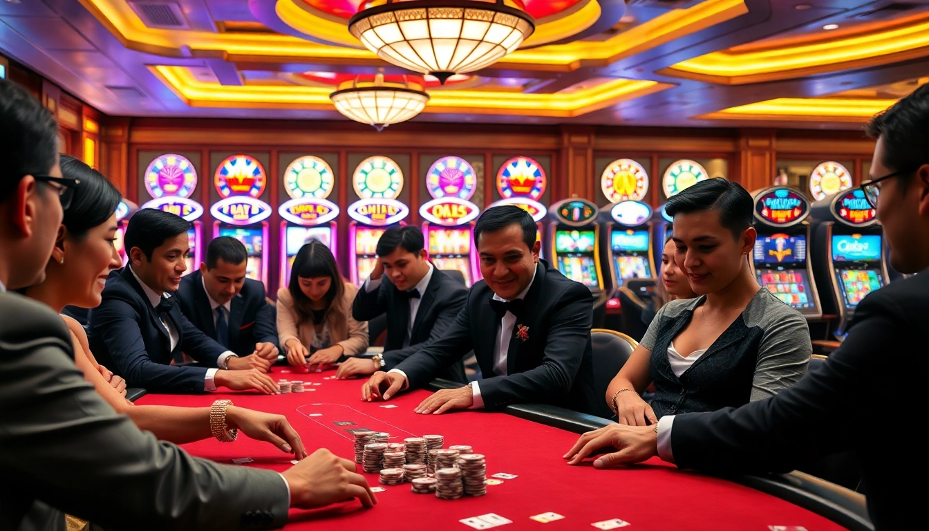 Experience the excitement of qh88 at a luxurious casino poker table with polished chips and vibrant slot machines.