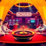 Players enjoying a thrilling game at NOHU90's luxurious casino floor, showcasing poker, slots, and roulette excitement.