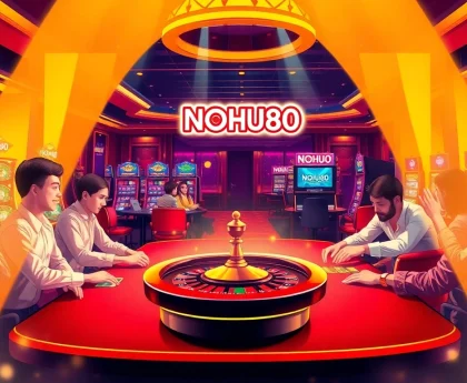 Players enjoying a thrilling game at NOHU90's luxurious casino floor, showcasing poker, slots, and roulette excitement.