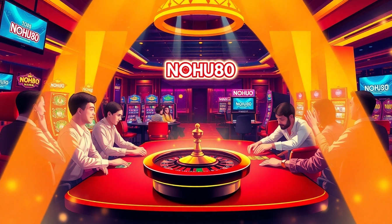 Players enjoying a thrilling game at NOHU90's luxurious casino floor, showcasing poker, slots, and roulette excitement.