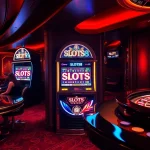 Players enjoying high stakes at the SLOTS8 casino with dazzling machines and tables.
