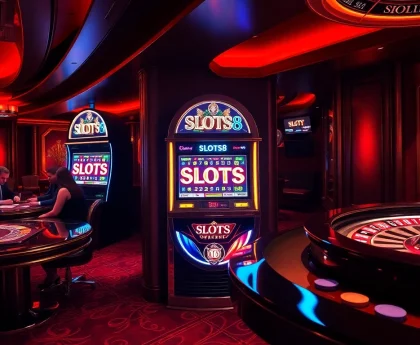 Players enjoying high stakes at the SLOTS8 casino with dazzling machines and tables.