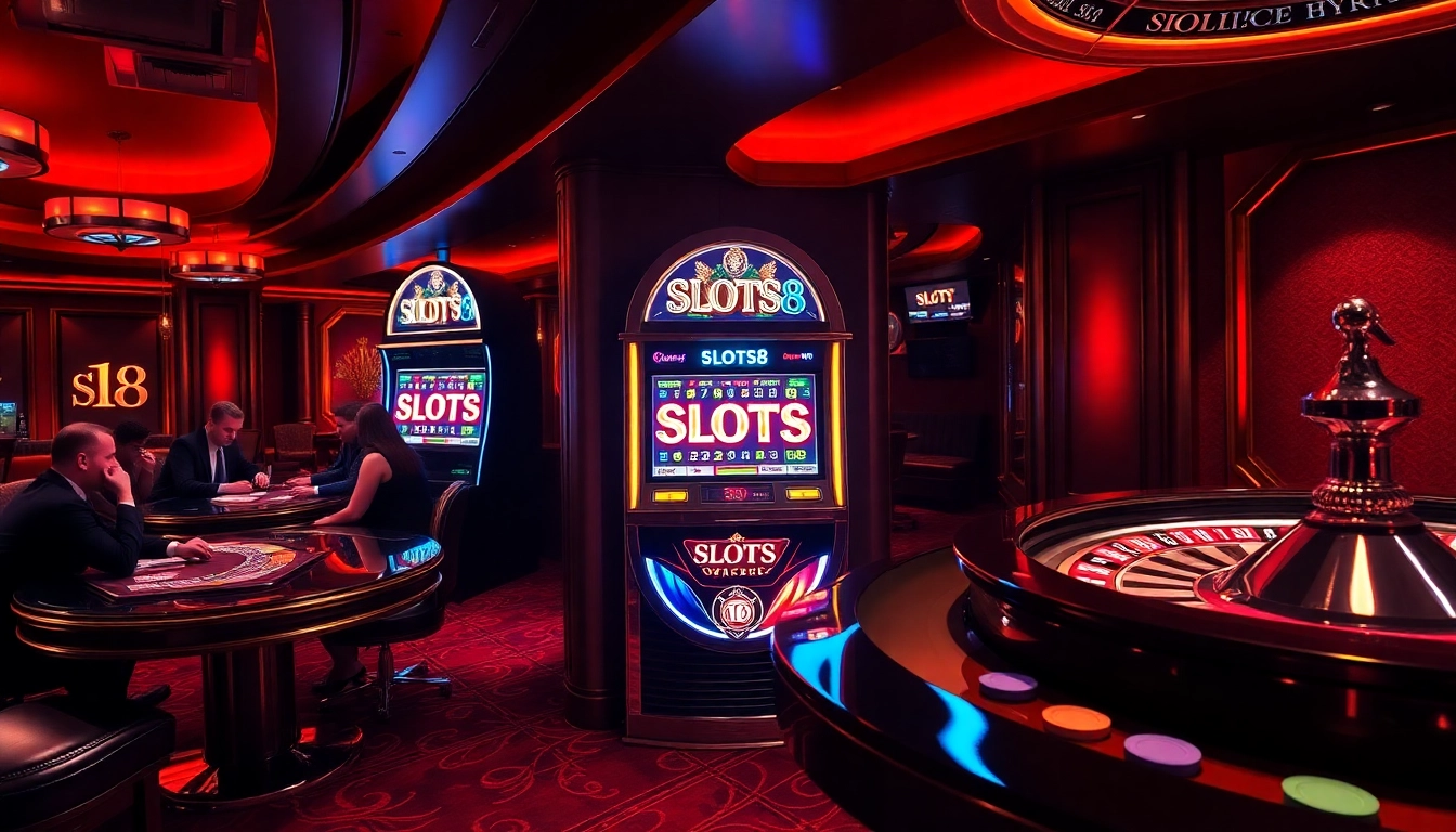 Players enjoying high stakes at the SLOTS8 casino with dazzling machines and tables.