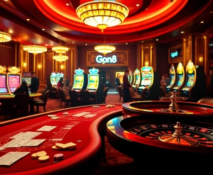 Experience the excitement of gambling with go8 themed luxury casino visuals featuring poker and roulette tables.