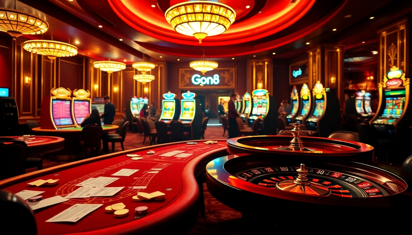 Experience the excitement of gambling with go8 themed luxury casino visuals featuring poker and roulette tables.
