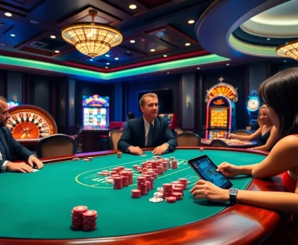 Players enjoying high-stakes games at Jun 88 casino, showcasing poker, roulette, and vibrant slot machines.