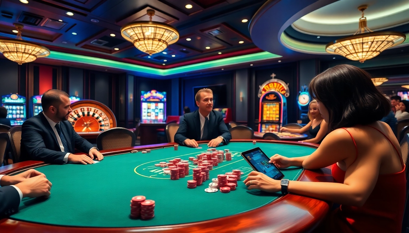 Players enjoying high-stakes games at Jun 88 casino, showcasing poker, roulette, and vibrant slot machines.