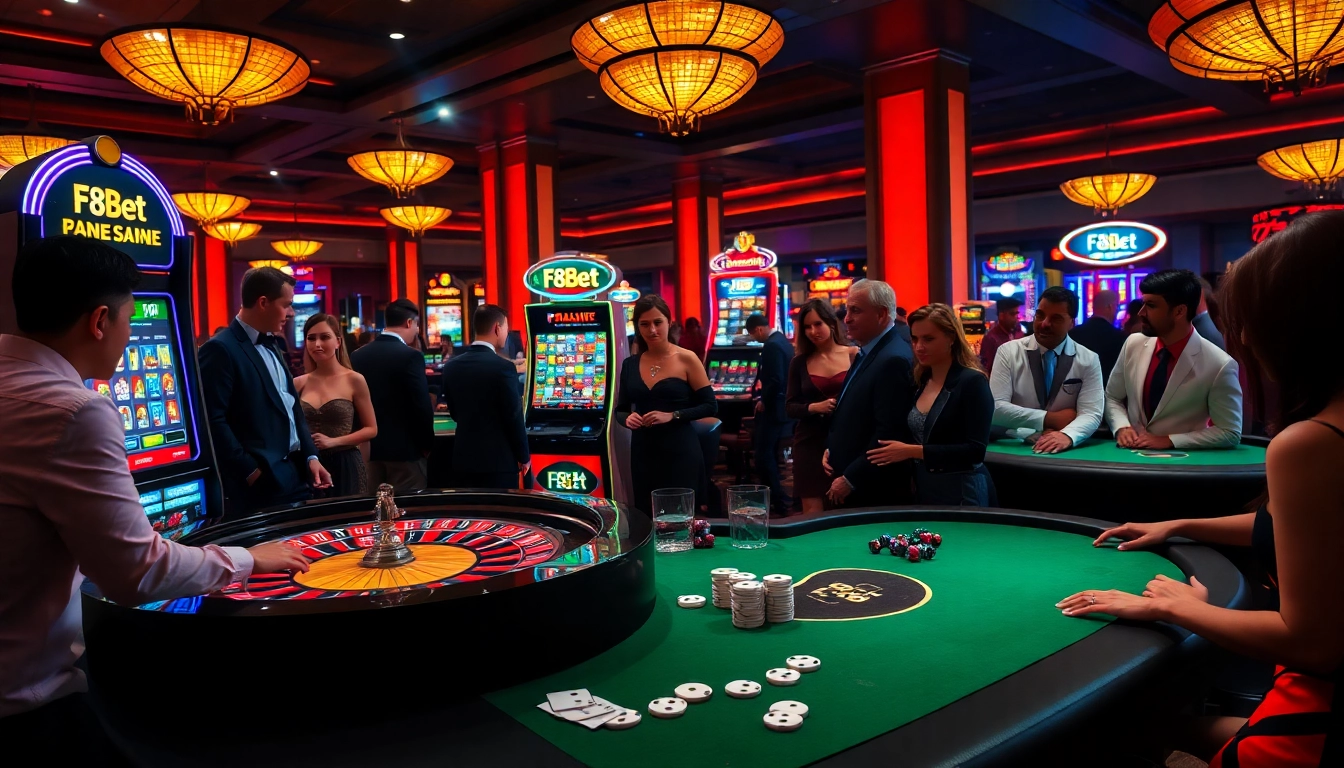 Experience high-stakes gambling action at F8bet's dynamic casino, showcasing vibrant games and engaging players.