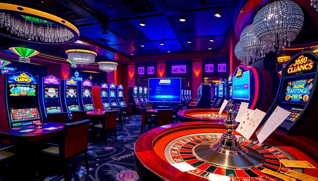 Experience the thrill of j88 đăng nhập at a vibrant casino interface featuring colorful slot machines and poker tables.