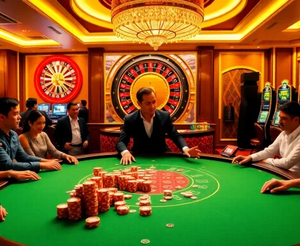 Engage in thrilling poker action at https://vb88.social/ while surrounded by vibrant casino elements.