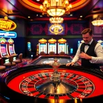 Experience the thrill of 6L777 with an exciting casino scene featuring roulette, slot machines, and enthusiastic players.