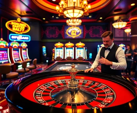 Experience the thrill of 6L777 with an exciting casino scene featuring roulette, slot machines, and enthusiastic players.