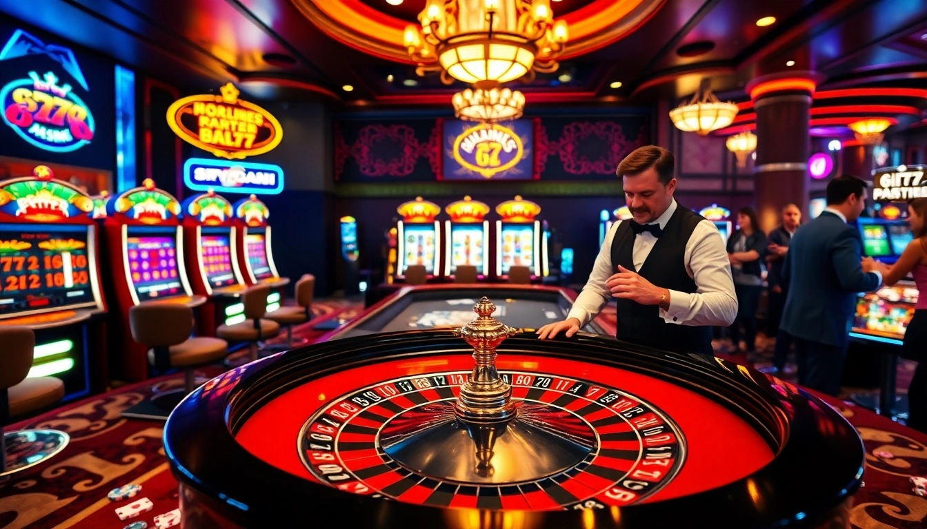 Experience the thrill of 6L777 with an exciting casino scene featuring roulette, slot machines, and enthusiastic players.