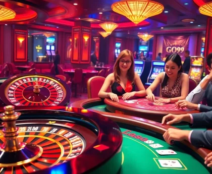 Engaged players enjoying a GO99 roulette table with vibrant casino atmosphere.