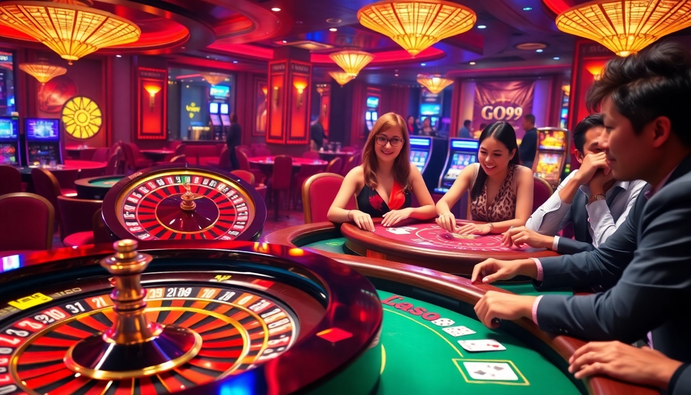 Engaged players enjoying a GO99 roulette table with vibrant casino atmosphere.