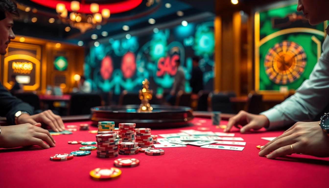 Players enjoying high-stakes poker at NK88's luxurious casino table filled with colorful chips.