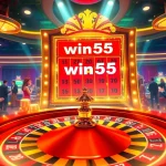 Experience the thrill of win55 in a vibrant casino scene with players around a roulette table.