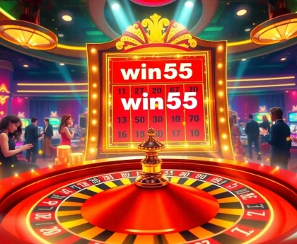 Experience the thrill of win55 in a vibrant casino scene with players around a roulette table.