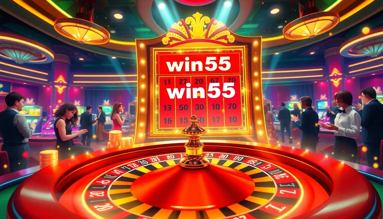 Experience the thrill of win55 in a vibrant casino scene with players around a roulette table.