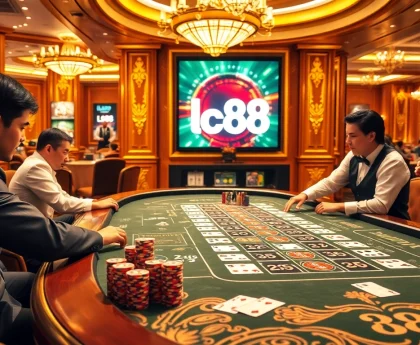 lc88 baccarat action with excited players at a luxurious casino table.