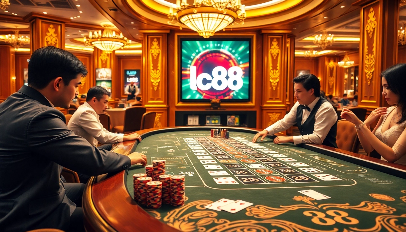 lc88 baccarat action with excited players at a luxurious casino table.