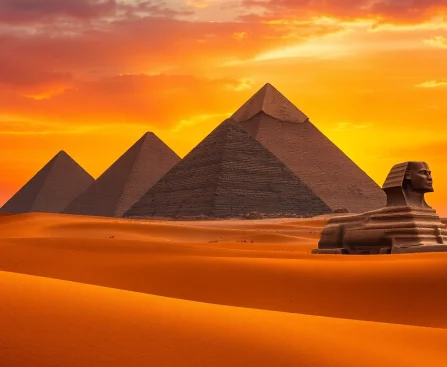 View of pyramids at https://piraminds.com/ against a dramatic sunset sky, showcasing ancient grandeur.