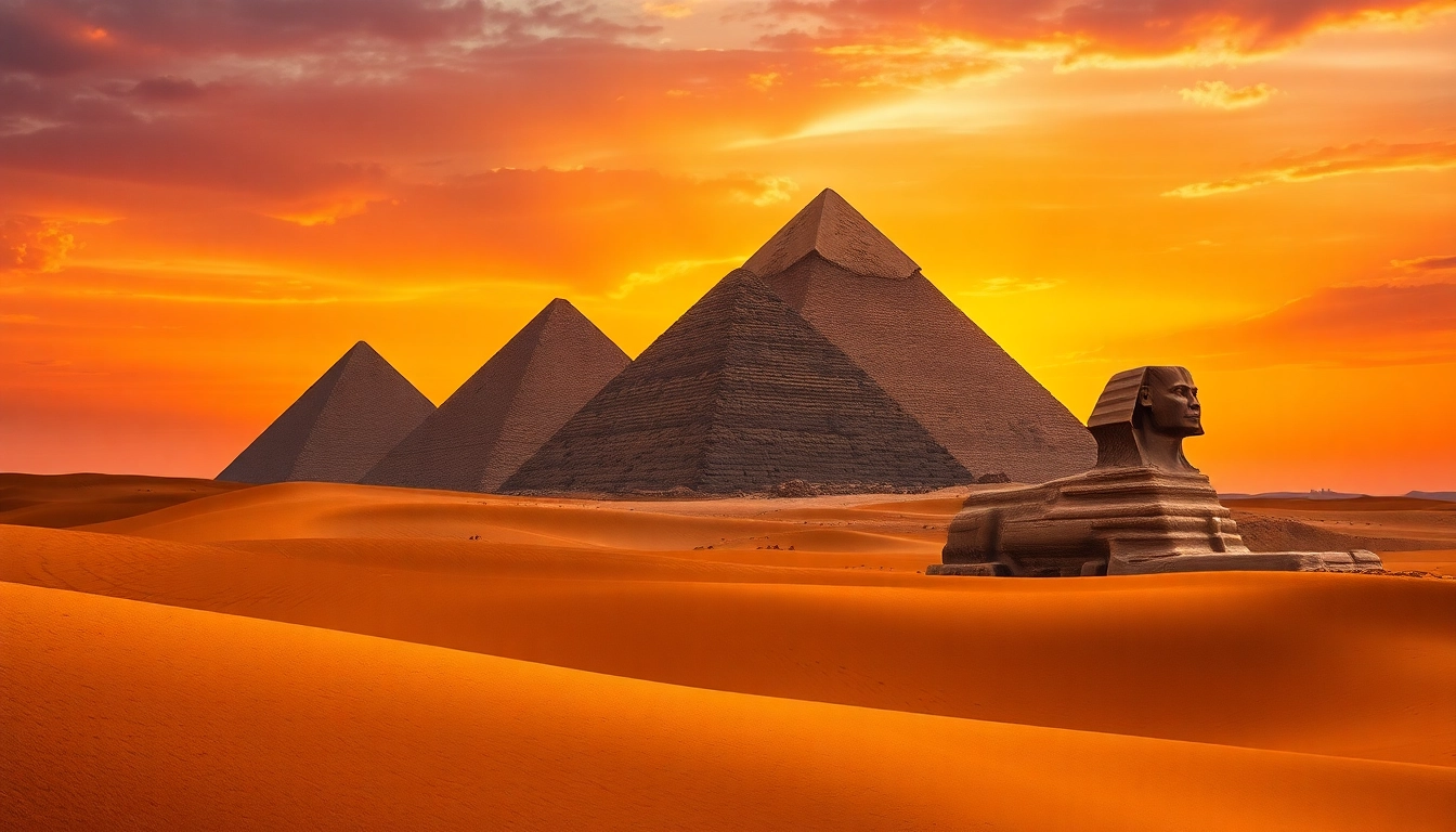 View of pyramids at https://piraminds.com/ against a dramatic sunset sky, showcasing ancient grandeur.