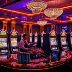 Experience the thrill of demo slot machines in a vibrant casino setting with excited players.