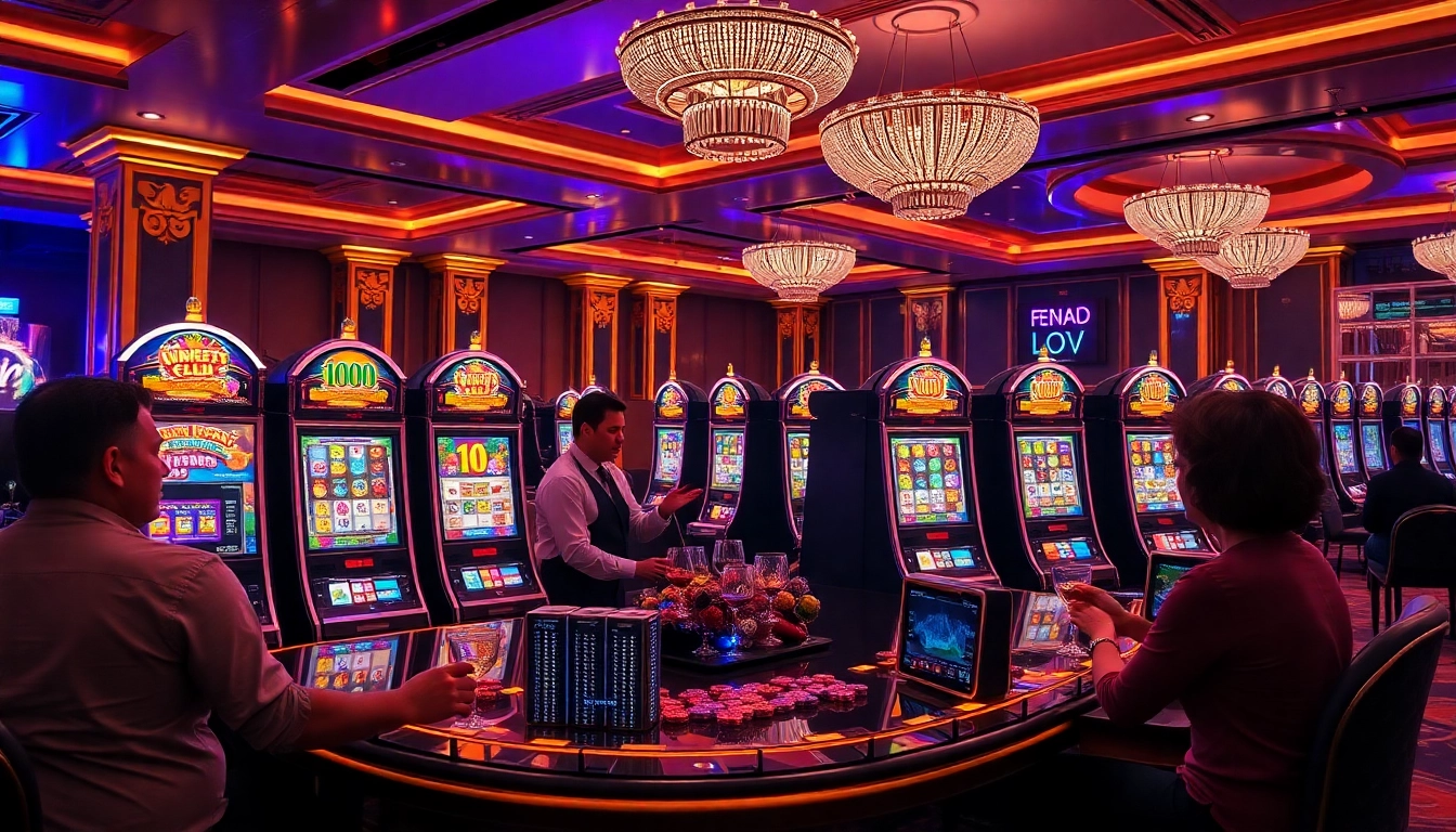 Experience the thrill of demo slot machines in a vibrant casino setting with excited players.