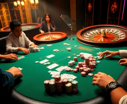 Experience thrilling poker action at https://king88b.us.com/ with colorful chips and cards.