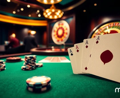 Engaging poker game scene with chips and cards at mmoo's luxurious casino.