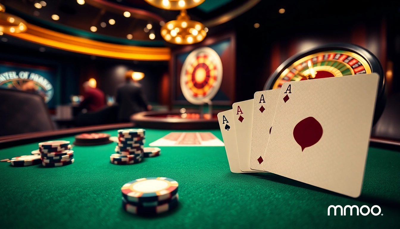 Engaging poker game scene with chips and cards at mmoo's luxurious casino.