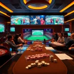 Engaged gamblers placing bets on แทงบอล in a luxurious casino setting with vibrant screens.