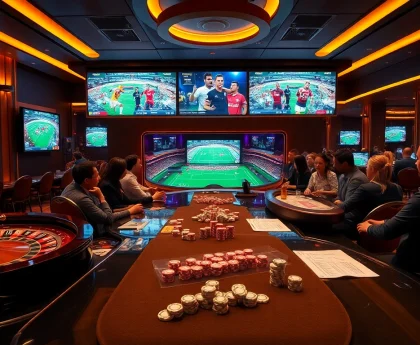 Engaged gamblers placing bets on แทงบอล in a luxurious casino setting with vibrant screens.