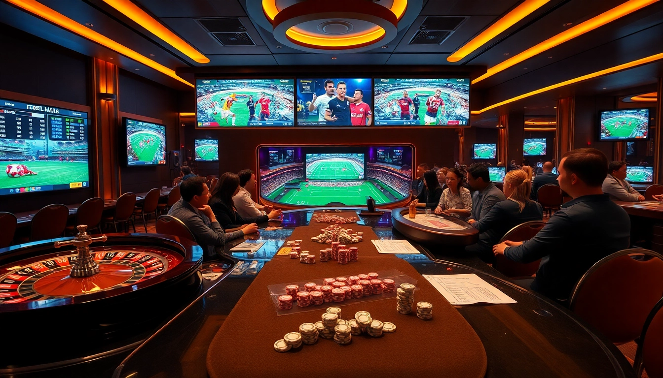 Engaged gamblers placing bets on แทงบอล in a luxurious casino setting with vibrant screens.