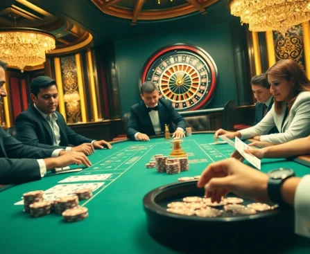 Excited players engaging at a kubet casino poker table showcasing lavish chips and cards.