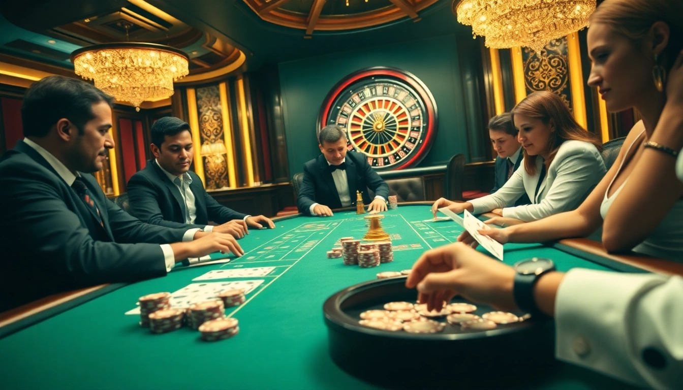 Excited players engaging at a kubet casino poker table showcasing lavish chips and cards.
