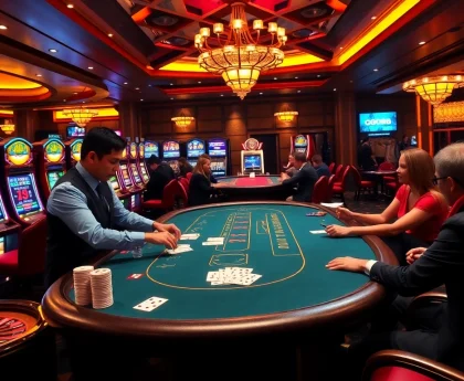 GG88 players enjoying an exciting casino experience with vibrant gaming tables and slot machines.