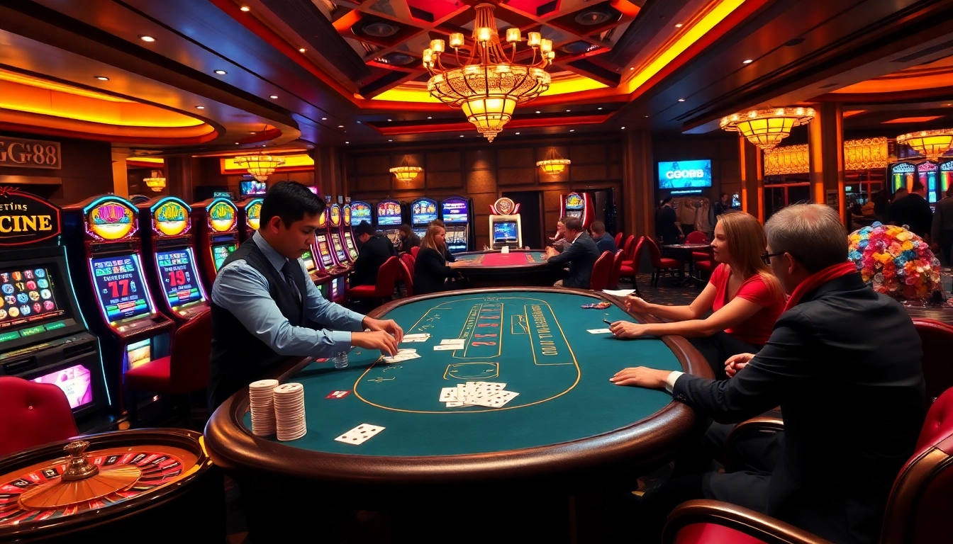 GG88 players enjoying an exciting casino experience with vibrant gaming tables and slot machines.