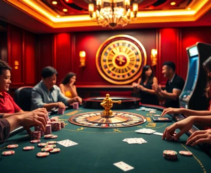 An engaging gaming scene at NOHU90 featuring exciting poker action, vibrant chips, and a roulette wheel.