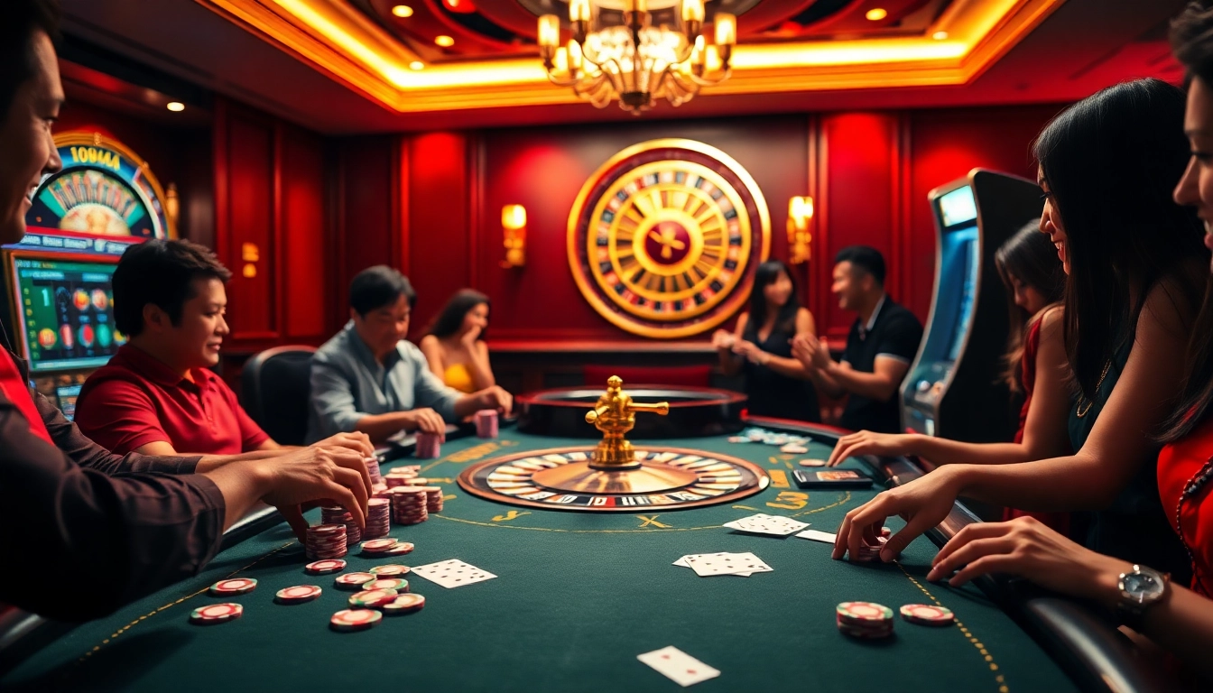 An engaging gaming scene at NOHU90 featuring exciting poker action, vibrant chips, and a roulette wheel.