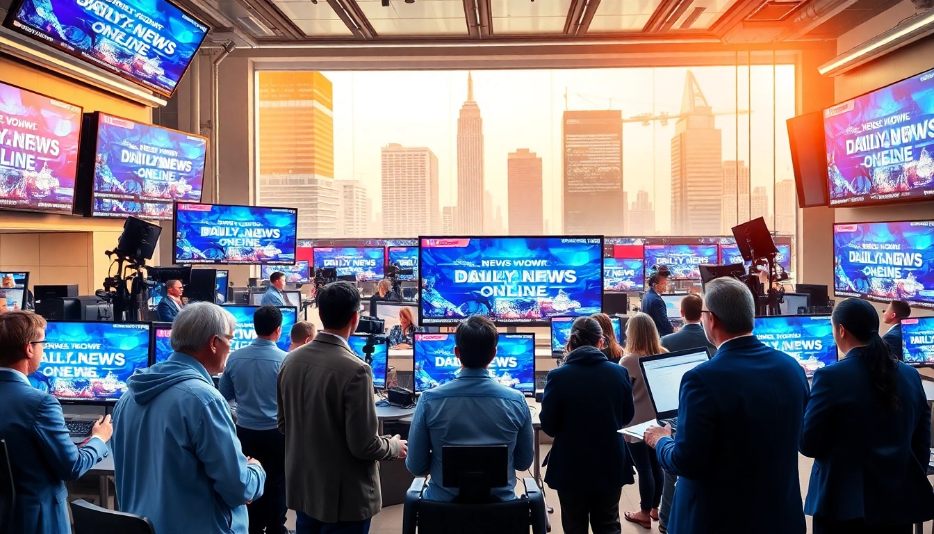 Reporters collaborate in a lively newsroom featuring headlines from https://www.thedailynewsonline.com.