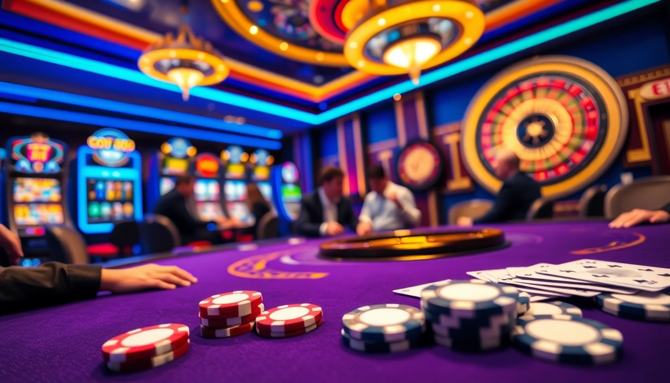 Players strategizing at a vibrant go88 casino table with cards and chips.