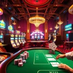 KJC-themed casino scene showcasing luxury gaming elements like roulette wheel, slot machines, and poker chips.