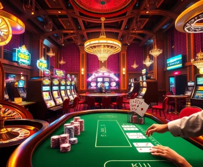 KJC-themed casino scene showcasing luxury gaming elements like roulette wheel, slot machines, and poker chips.