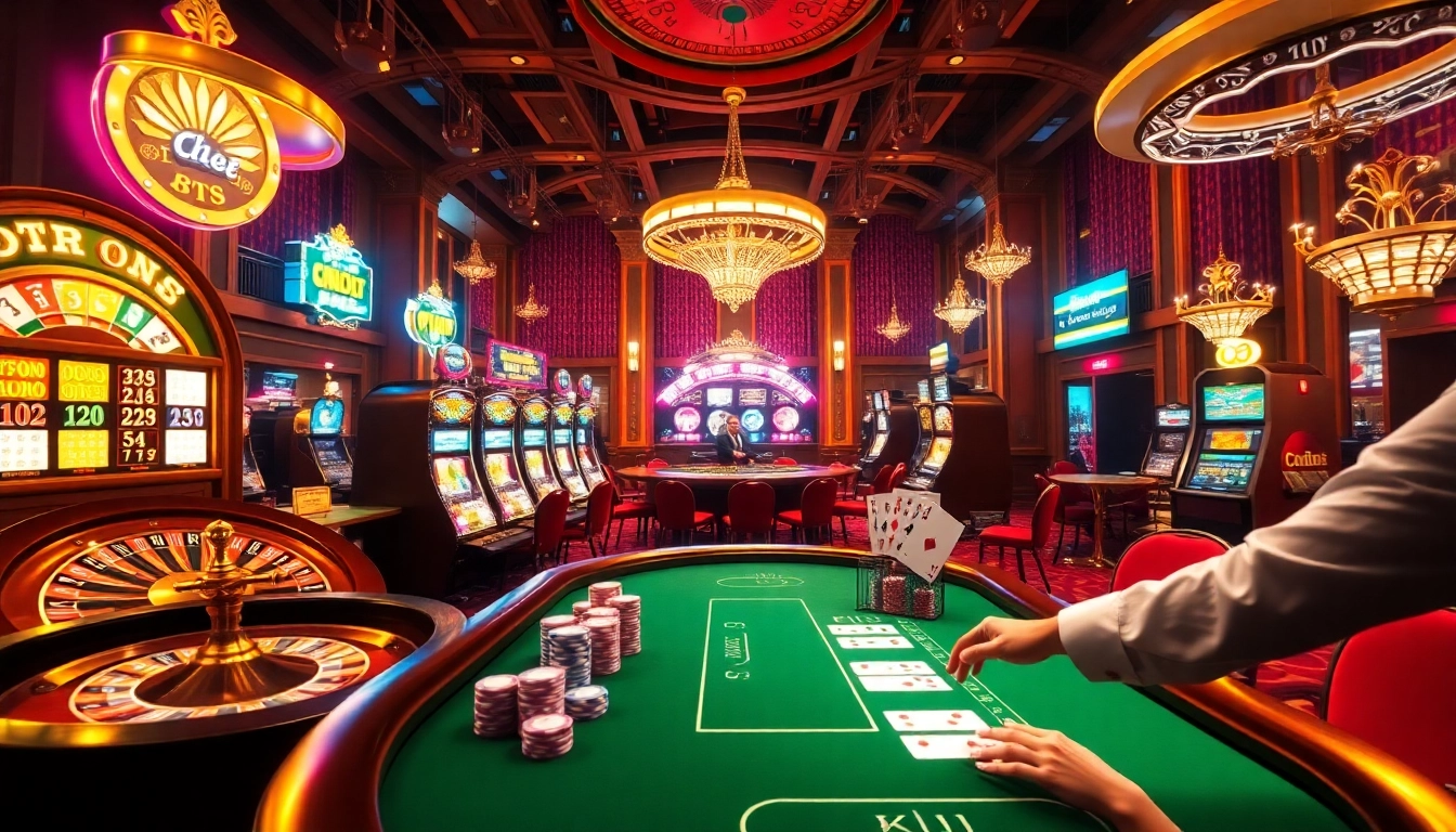KJC-themed casino scene showcasing luxury gaming elements like roulette wheel, slot machines, and poker chips.