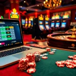 Betting Online Now with a luxurious casino scene showing poker, slots, and online betting.