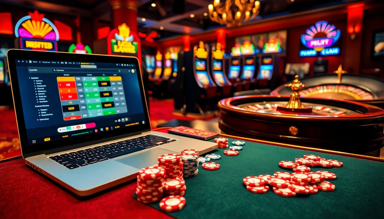 Betting Online Now with a luxurious casino scene showing poker, slots, and online betting.