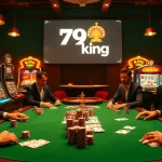 Experience the thrill of 79king at a luxurious poker table surrounded by vibrant casino elements.