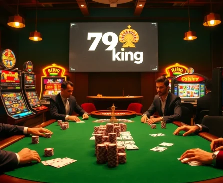Experience the thrill of 79king at a luxurious poker table surrounded by vibrant casino elements.